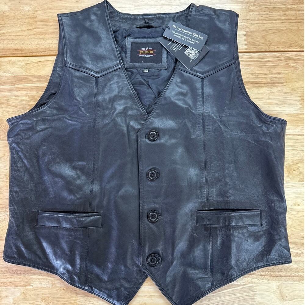Real Leather Mens Black Bikers Vest/Waistcoat XL NWT
